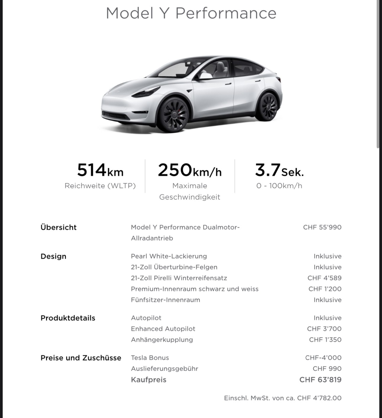 TESLA Model Y 4WD Performance, AHK, EAP Autopilot, Innenraum Weiss, Modell 2023 AMD Ryzen, Parkassistent Vision, CCS